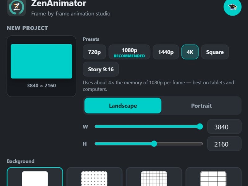 The new project screen with the 4K preset selected